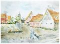 Blick in den Kirchenweg, heute <!--LINK'" 0:27-->, in Stadeln, 1935; im Hintergrund die Christuskapelle; Gemälde von Rudolf Hofmann