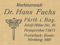 Adressaufdruck des Rechtsanwalts Hans Fuchs auf einem Briefkuvert. Der erste Abschnitt der damaligen Adolf-Hitler-Straße (Nr. 1-12) entspricht heute der Adresse Fürther Freiheit