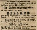 Zeitungsannonce des Wirts im <a class="mw-selflink selflink">Schwarzengarten</a>, Christoph Falnbacher, Mai 1847