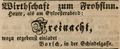 Zeitungsannonce des Wirts <a class="mw-selflink selflink">zum Frohsinn</a>, Dezember 1850