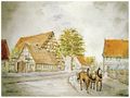 Bauernhof und Muggenhöferhaus in Stadeln, Pferdegespann auf den Weg in die heutige <!--LINK'" 0:18-->, 1938; Gemälde von Rudolf Hofmann