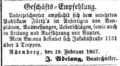 Anzeige von J. Adelung im Fürther Tagblatt vom 19. Februar 1867