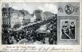 Gruß von der , historische Ansichtskarte mit Ansicht der Königstraße und Hafenspielerinnen und dem Volkssänger Hans Bayer, um 1920