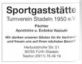 Werbung der Sportgaststätte "Turnverein Stadeln 1950" jetzt fusioniert <!--LINK'" 0:59--> von 1996
