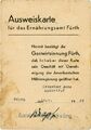 Ausweiskarte für das Ernährungsamt Fürth zur Bestätigung der Gastwirtsinnung - in Anerkennung durch das Military Government, 1945