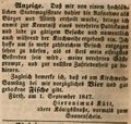 Zeitungsannonce des Wirts Hieronimus Kütt, Oktober 1847