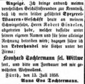 Zeitungsanzeige der Witwe Tochtermann, Juli 1858