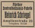 Werbeeintrag der Fürther Zentralheizungsfabrik Heinrich Schriegel im Adressbuch von 1931