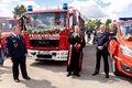 Fahrzeugweihe durch den Pfarrer Udo Götz bei feierlichen Eröffnung des neuen Feuerwehrhauses der Freiwilligen Feuerwehr Unterfarrnbach, Mai 2022