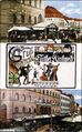 Gruß von der <!--LINK'" 0:111-->, historische Ansichtskarte mit Fotos von der Aussteuerungs-Anstalt - Heiratskasse, mit im Bild Hafenspielerinnen und schwarze Katze, um 1930