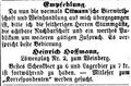 Zeitungsanzeige des Wirts "zum Weinberg" Heinrich Hoffmann am Löwenplatz, März 1867