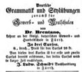 Anzeige für "Grammatik und Stilübungen", Fürther Tagblatt 23.7.1852