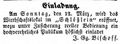 Zeitungsanzeige zur Eröffnung des Lokals <!--LINK'" 0:46-->, März 1854