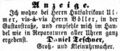 Zeitungsanzeige des Uhrmachers <!--LINK'" 0:9--> in der Gustavstraße, August 1862