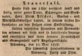 Traueranzeige für <a class="mw-selflink selflink">Ulrich Pfister</a>, Mai 1829 (Die Ortsangabe "Nürnberg" war ein Druckfehler, der in der nächsten Zeitungsausgabe zu "Fürth" berichtigt wurde.)