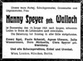 Todesanzeige Nanny Speyer, Mutter von Julie Else Wassermann-Speyer, 1925