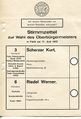 Stimmzettel der Oberbürgermeister Wahl vom 11.6.1972 zwischen <!--LINK'" 0:31--> und <a class="mw-selflink selflink">Werner Riedel</a>