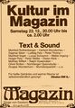 Kulturveranstaltung Werbeanzeige "Kultur im Magazin" mit Text und Sound bis 2 Nachts Gebäude /Foerstermühle am 22.12.1979