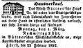 Verkaufsanzeige für das Büttner'sche Wirtshaus, Februar 1852