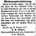 Zeitungsanzeige von J. N. Köhler, Wirt "zum Sonnenschein", August 1858