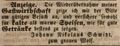Zeitungsanzeige des Wirts , Johann Nikolaus Schmidt, Februar 1847