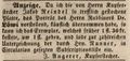 Zeitungsanzeige des Kupferstechers <!--LINK'" 0:0-->, das Portrait von Dr. Löwi von Jakob Reindel betreffend, August 1844