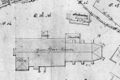 Lageplan der  und der ehem.  rechts oberhalb der Kirche, Plan von 1812 d.h. kurz vor dem Abriss (Ausschnitt, N bei Gradmaß 330°)