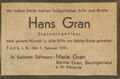 Traueranzeige für Hans Gran, 1941