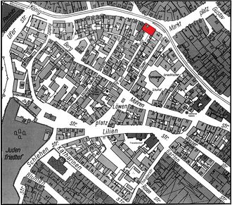 Alter Katasterplan des Gänsbergviertels, Standort Königstraße 42, Geleitshaus ist rot markiert
