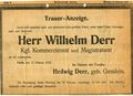 Todesanzeige für Wilhelm Derr, 1918