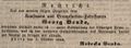 Zeitungsanzeige von Rebecka Benda, Witwe des Bronzefarbenfabrikanten , Oktober 1844