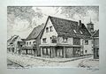 Die Bäckerei Schmidt in Stadeln, links Textil-Müller <!--LINK'" 0:13--> 1981; Gemälde von Rudolf Hofmann