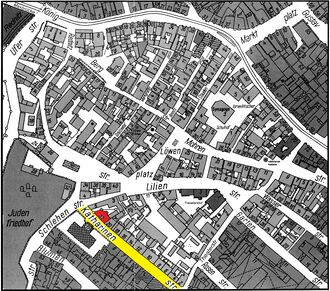 Alter Katasterplan des Gänsbergviertels, Katharinenstraße ist gelb, Standort Katharinenstraße 22 ist rot markiert
