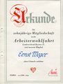 Urkunde zur zehnjährigen Mitgliedschaft der <a class="mw-selflink selflink">Arbeiterwohlfahrt</a> Ortsverein <!--LINK'" 0:21--> 1966