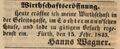 Wirtschaftseröffnung Hans Wagner, Fürther Tagblatt 15. Februar 1845