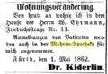 Anzeige über Wohnungsänderung Dr. Kiderlin im Fürther Tagblatt 8.5.1862