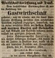 Zeitungsannonce von Friedrich Breitenbach zur Eröffnung seiner Wirtschaft <a class="mw-selflink selflink">zum rothen Hahn</a>, September 1844