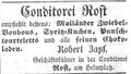 Zeitungsanzeige Conditorei Rost, Mai 1855