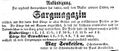Zeitungsanzeige des Schreiners Max Senkeisen, dass er ein Sargmagazin angelegt hat, März 1854