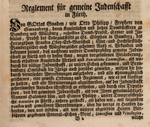 "Reglement für gemeine Judenschafft" in Andreas Würfel: Historische Nachricht Von der Judengemeinde in dem Hofmarkt Fürth Unterhalb Nürnberg, 1754