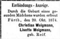 Zeitungsanzeige von <a class="mw-selflink selflink">Christian Weigmann</a>, Oktober 1874
