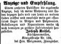 Geschäftseröffnung von Joseph Keisel, Kürschnermeister, November 1863