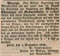 Zeitungsanzeige von  bzgl. seiner Niederlassung als Arzt in Fürth, September 1846