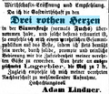 Zeitungsanzeige des Wirts zu den "Drei rothen Herzen" in der Bäumenstraße, Adam Lindner, Mai 1866