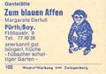 Zündholzschachtel-Etikett der Gaststätte Zum Blauen Affen, um 1965