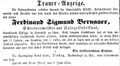 Todesanzeige für den Spiegelfabrikanten Ferdinand Sigmund Bernauer, Juni 1856