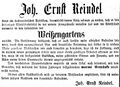 Zeitungsannonce des neuen Wirts im <a class="mw-selflink selflink">Weißengarten</a>, Joh. Ernst Reindel, November 1854