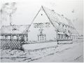 Das ehemalige HJ-Heim in Stadeln (1942) in der heutigen <a class="mw-selflink selflink">Herboldshofer Straße</a>, abgerissen für das CVJM-Heim – Gemälde von Rudolf Hofmann