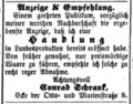 Anzeige von Schrank zur Eröffnung einer Landesproduktenhandlung, August 1873