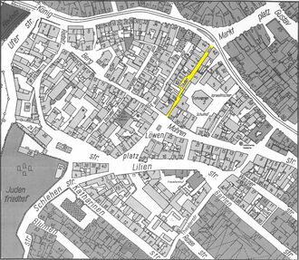Alter Katasterplan des Gänsbergviertels, Staudengasse ist gelb markiert